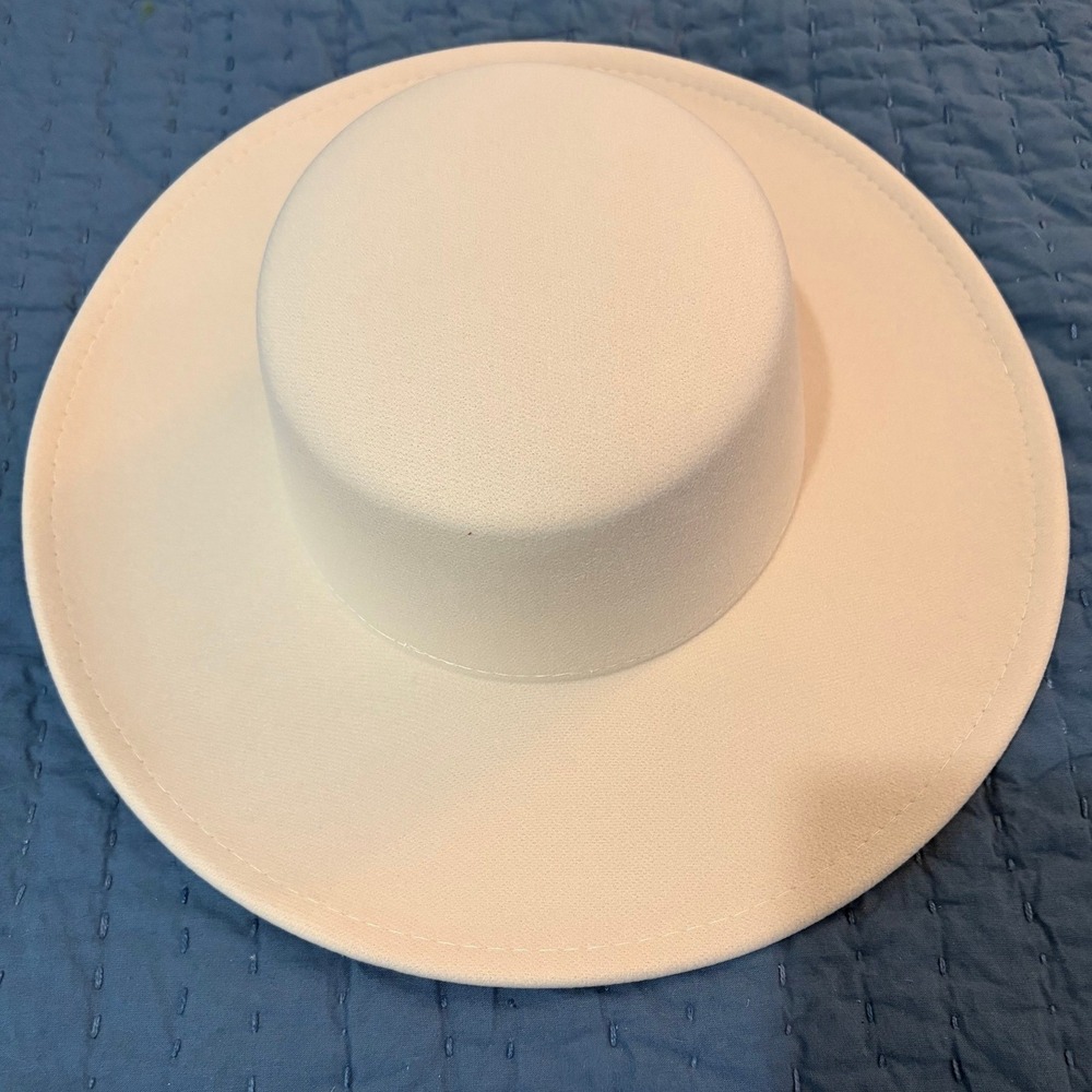 Cream Ivory Wide Brim Boater Hat Flat Top Adjustable Cotton Felt Style Boho - Picture 3 of 5